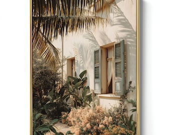 Tropical Courtyard With Textured Stucco And Blooming Shrubs, Mediterranean Decor For Light Filled Interiors, Slow Living, And Summer Mood