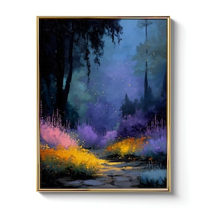 Spooky Forest Wall Art Halloween Enchanted Twilight Path With Glowing Fireflies Mystical Dark Cottagecore Decor Perfect Seasonal Gift Print