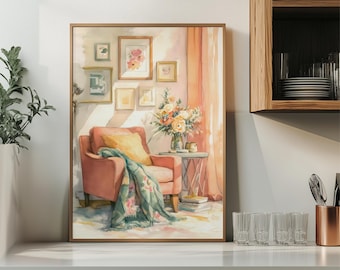 Reading Nook Wall Print Floral Pastel Artwork Grandmillenial Style Gallery Wall Art Apartment Decor Dopamine Living Room Decoration