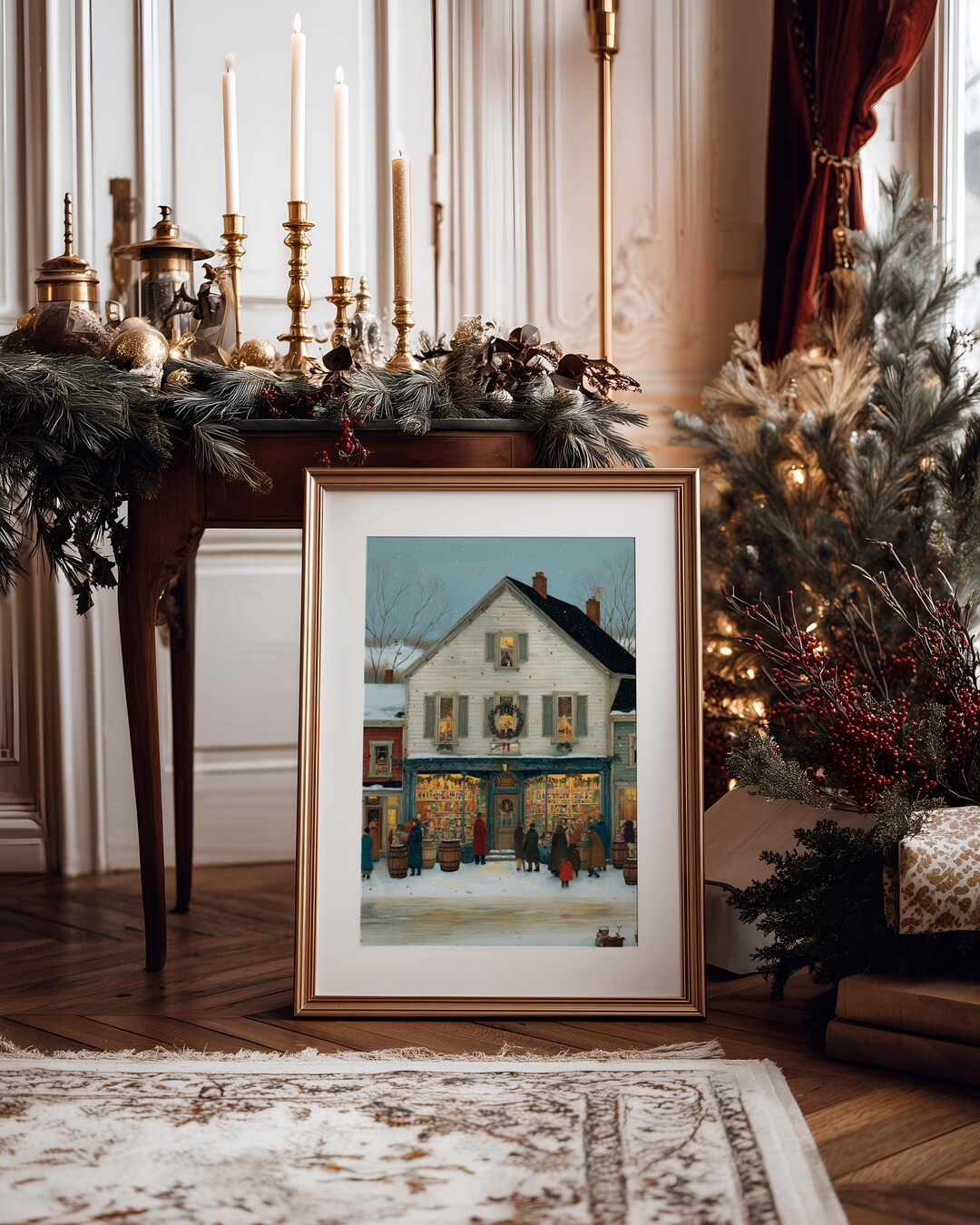 Christmas Nostalgic Art Snowy Village Storefront Print Holiday Winter ...