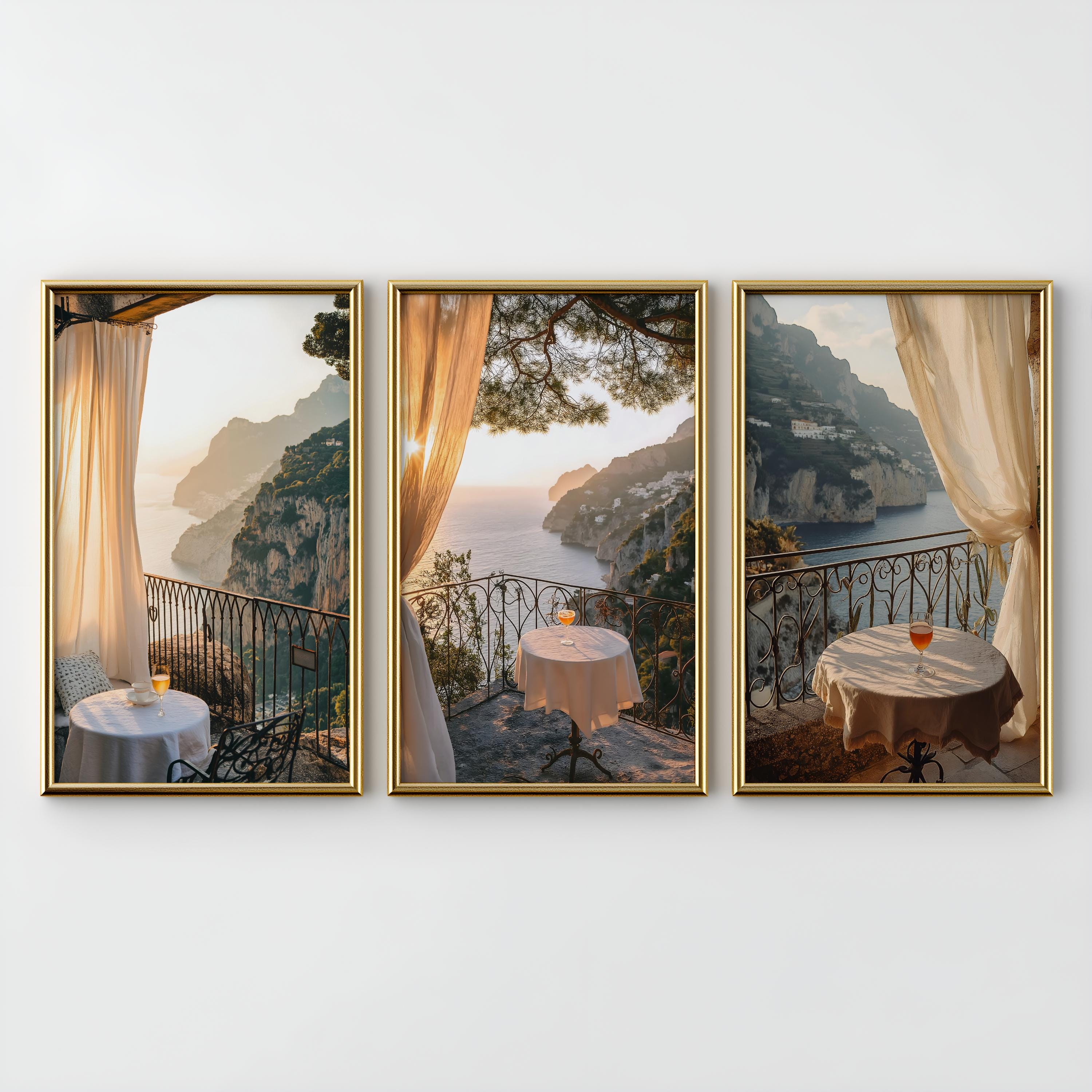 Balcony Coastal Wall Art Set of 3 For Mediterranean Decor Styling, Sunset Sea View Print, Romantic Gift Idea For Dining Room Or Entryway