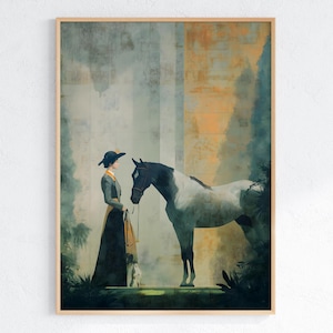 Luxury Portrait Wall Art Woman and Horse Digital Print Equestrian Heritage Old Money Aesthetic Chateaucore Victorian Style Artwork