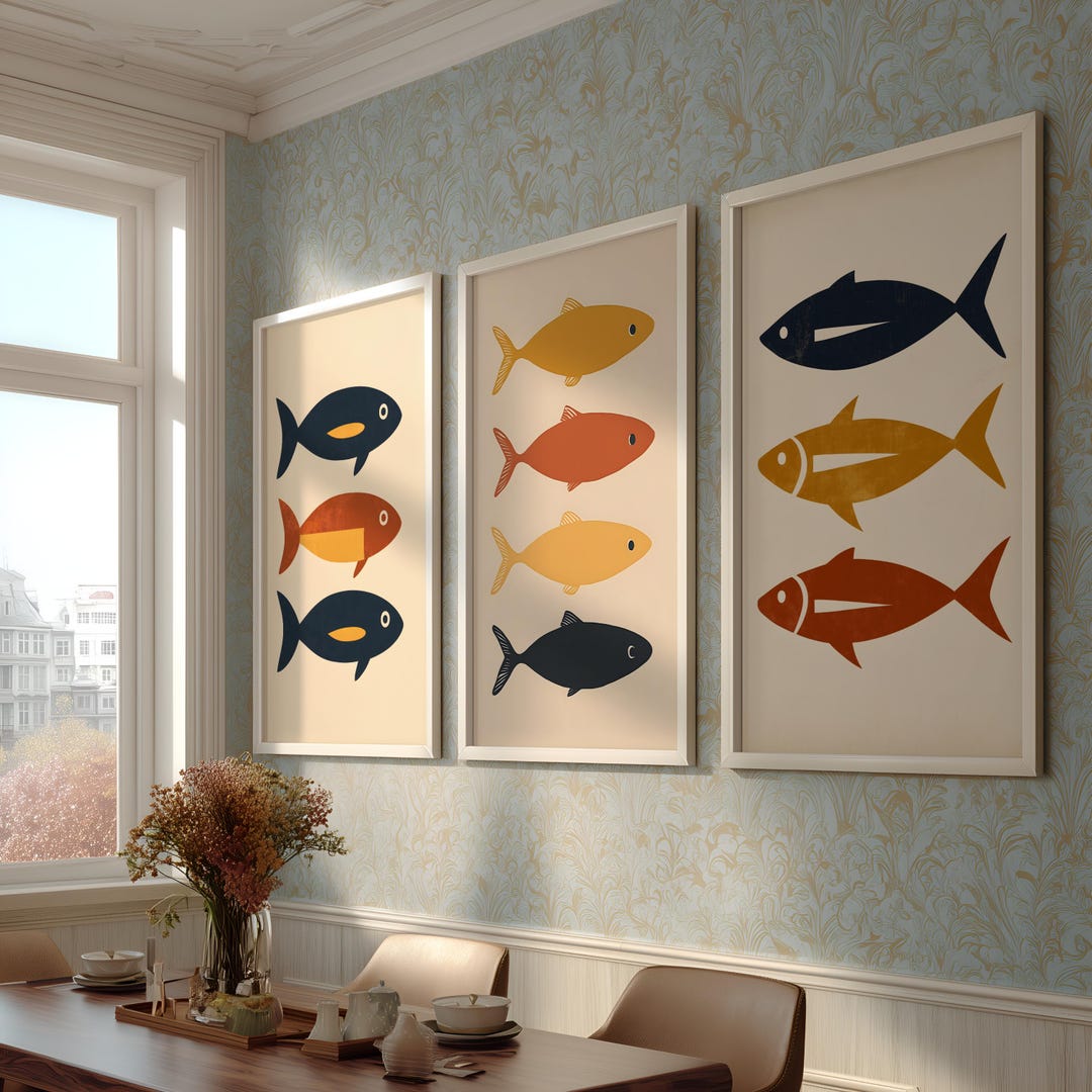 Mid Century Modern Fish Wall Art Set Mediterranean Coastal Decor ...