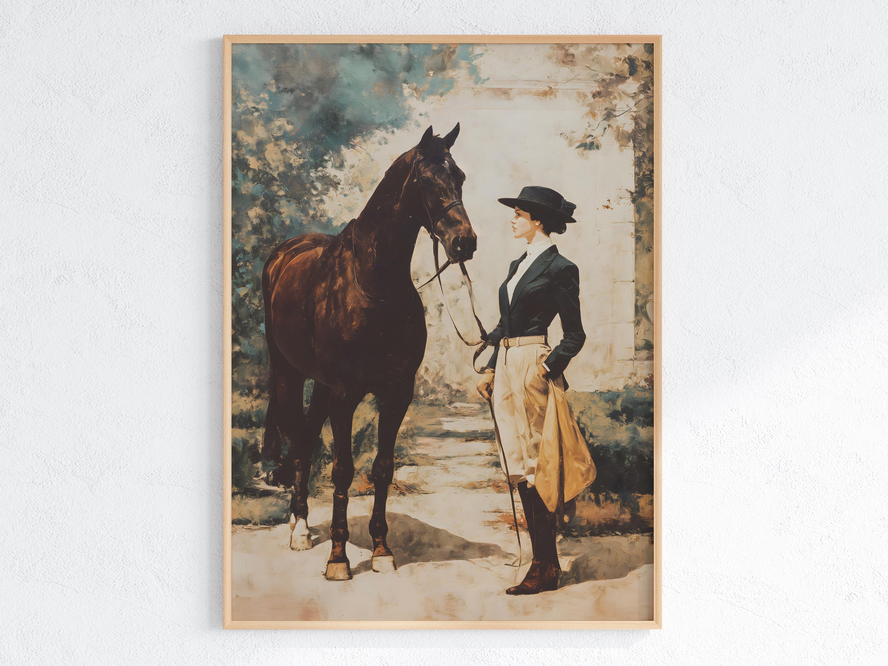Vintage Equestrian Digital Art Woman With Horse in Classic Riding ...