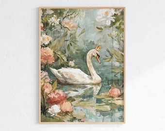 Swan in Botanical Garden Digital Art Print Crowned Bird Scene Châteaucore Wall Art for Nursery or Bedroom Decor