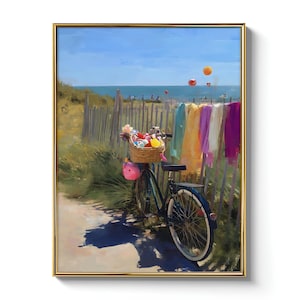 Beach Wall Art Print Seaside Bicycle With Basket For Colorful Summer Decor Whimsical Cottagecore Gift Idea Or Eclectic Entryway Art