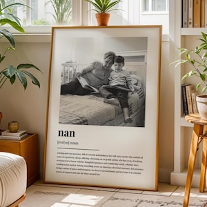 Op de afbeelding: Een zwart-witfoto in een lichtbruine lijst van een vrouw en een kind die samen lezen. Onder de foto staat het woord "nan" met een definitie. De afbeelding staat in een kamer met planten.