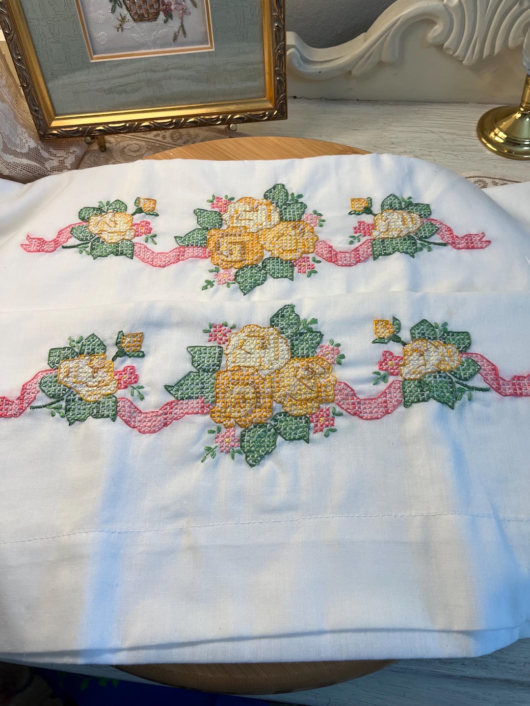 Vintage Hand Embroidered Standard Pillowcases. Done in Shades of Yellow ...