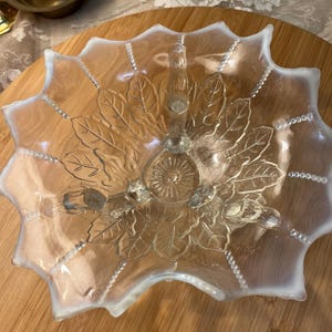 Vintage Fostoria Vaseline glass candy dish or fruit bowl. With footed base