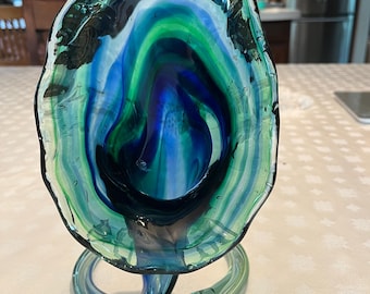 Vintage Green Jack-in-the-pulpit Glass Vase Hand-blown Ruffled Rim