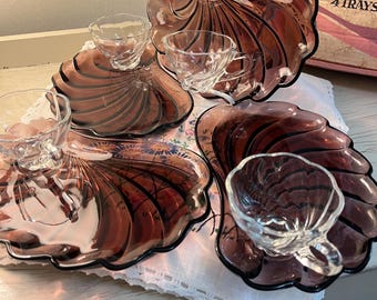 Vintage Hazel Atlas Hazelware amethyst an clear glass seashell snack set four trays four cups