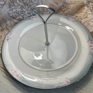 Vintage Royal Doulton Cogue collection English porcelain tidbit serving tray with silver metal handle.