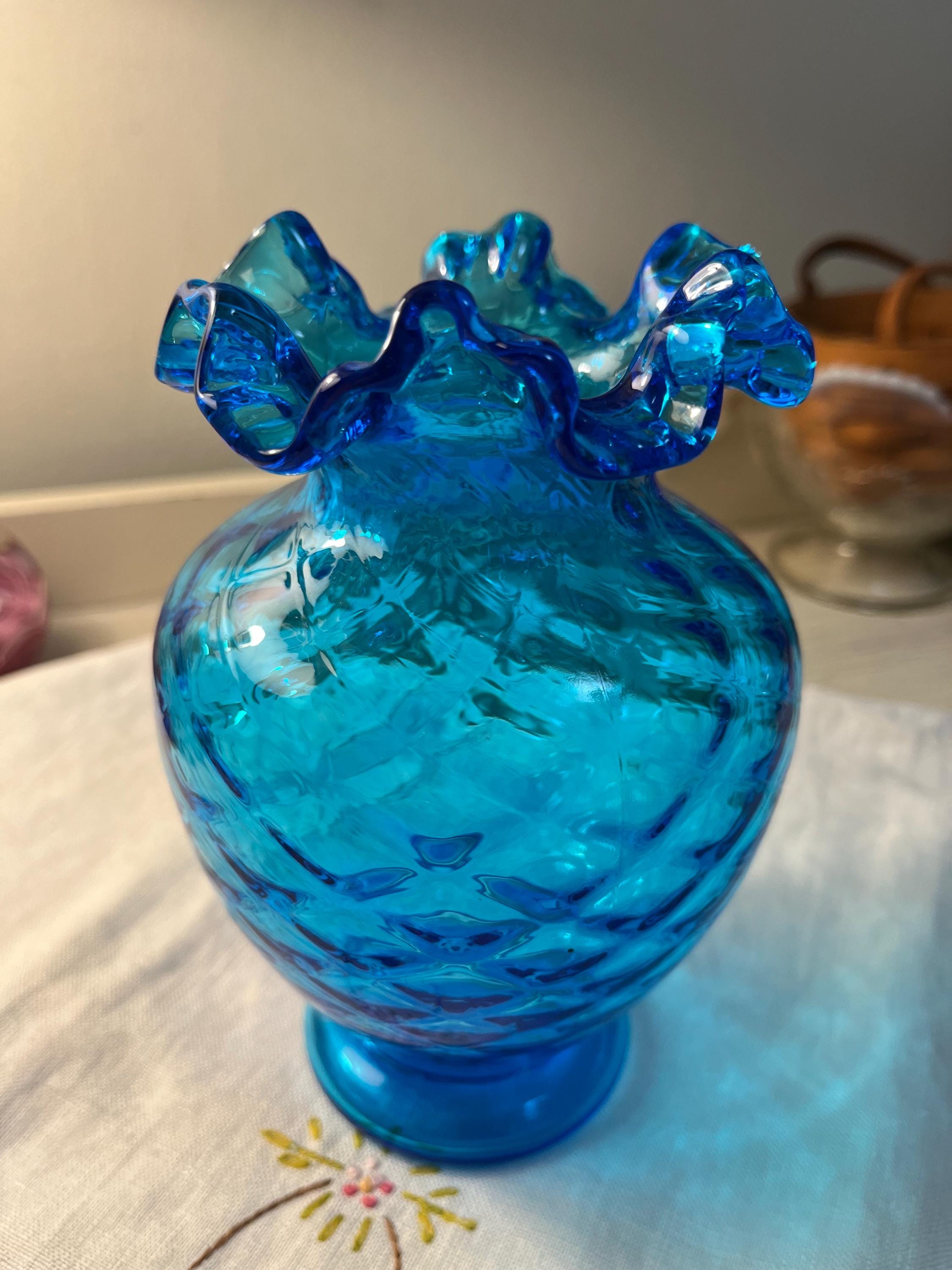 Vintage 1940's Fenton Art Glass Colonial Blue Diamond Optic