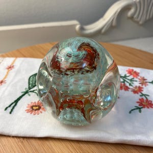Handblown vintage glass paperweight with controlled bubbles and 4pen holder slots.