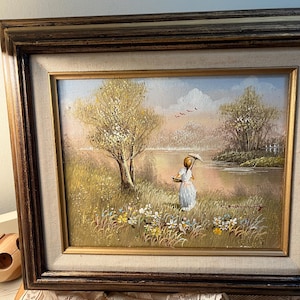 Charles Manning Oil on Board “Girl with Umbrella “ vintage painting