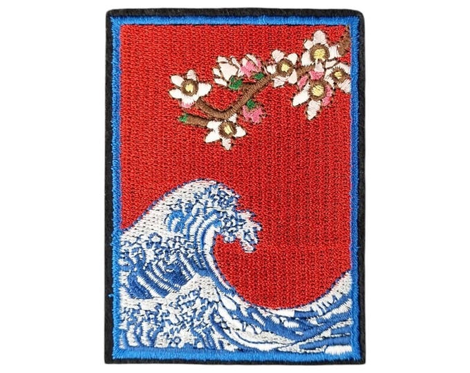 Sakura Wave Embroidered Patch – Japanese Wave & Cherry Blossom Design – Iron On or Sew On Patch for Jackets, Hats, Backpacks