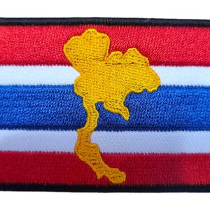 Thailand Flag Patch – Embroidered Thai Flag with Gold Country Outline – Iron-On Patch for Jackets, Backpacks, Travel Gifts, Souvenir