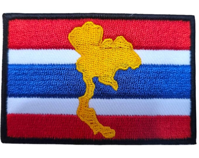 Thailand Flag Patch – Embroidered Thai Flag with Gold Country Outline – Iron-On Patch for Jackets, Backpacks, Travel Gifts, Souvenir
