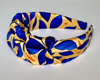 Satin Twisted Knot Headband: Blue Leaf Print, Handmade