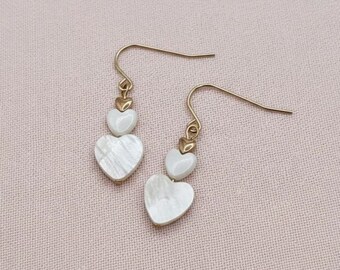 Trinity Heart Freshwater Shell and Light Gold Plated Hematite Drop Earrings - Natural Jewellery Gift