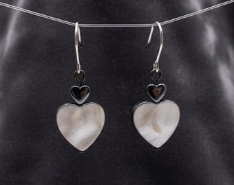 Handmade Black Lip Shell and Hematite Heart Drop Earrings - Natural Jewellery Gift