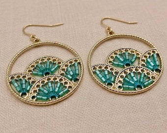 Handmade Turquoise Seed Bead Earrings: Gold Fan, Art Deco Style