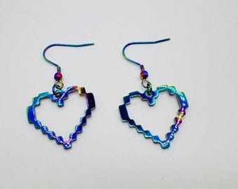 Rainbow Pixel Heart Earrings - Colourful Gamer Style Jewellery