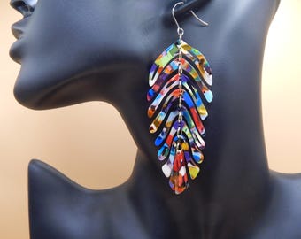 Large Multicolour Acrylic Leaf Drop Earrings - Colourful Nature Inspired Statement Jewellery