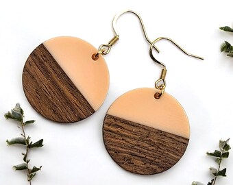 Peach Opaque Resin and Natural Wood Circle Pendant Earrings - Boho Jewellery Gift