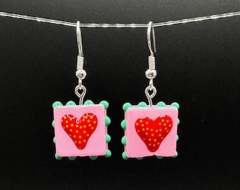 Handmade Lampwork Heart Earrings - Playful Dangle Earrings
