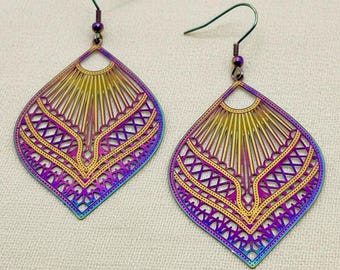 Large Rainbow Stainless Steel Filigree Leaf Drop Earrings - Colourful Boho Jewellery