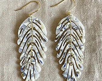 Large White and Blue Acrylic Leaf Drop Earrings - Nature Inspired Statement Jewellery