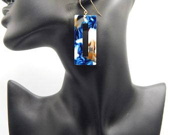 Blue Mix Resin Rectangle Drop Earrings - Colourful Statement Jewellery