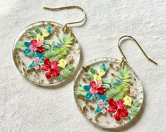 Spring Flowers Transparent Circle Pendant Earrings - Boho Jewellery