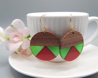 Green and Red Resin and Natural Wood Circle Pendant Earrings - Boho Jewellery