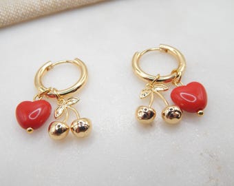 Gold Plated Charm Hoop Earrings – Cherries and Hearts