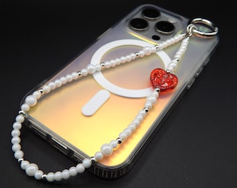 Lightweight Beaded Phone Charm | Handmade Red Heart Bead Phone Wrist Strap | Phone Gift for Women