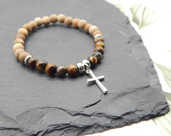 6mm Burlywood and Tiger Eye Christian Cross Elasticated Beaded Bracelet