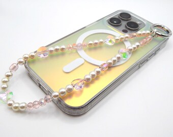 Handmade Pink Phone Charm with Faux Pearls | Beaded Wrist Strap | Cute Aesthetic Phone Accessory