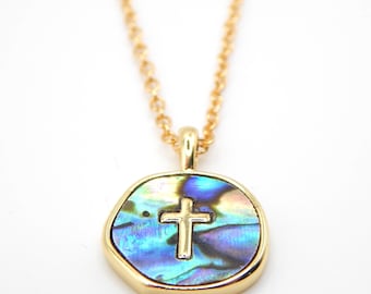 Abalone Cross Necklace | Dainty Christian Pendant | Minimal Faith Jewellery | Iridescent Shell Necklace Gift for Her