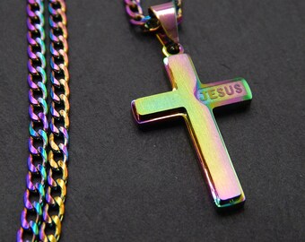 Petrol Stainless Steel Jesus Cross Necklace - Colourful Christian Jewellery Gift