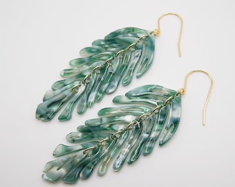 Large Green Acrylic Leaf Drop Earrings - Nature Inspired Statement Jewellery
