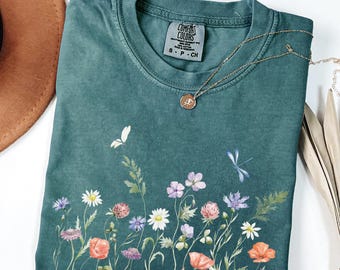 Camisa vintage con flores prensadas, camisa con flores silvestres Comfort Colors®, camiseta bohemia cottagecore, camiseta con flores botánicas, regalo para jardineros