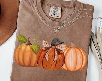 Op de afbeelding: Een bruin Comfort Colors T-shirt met een afbeelding van drie pompoenen in oranje en geel. De middelste pompoen heeft een geruite strik. Een zilveren ketting met een hanger ligt over het shirt.