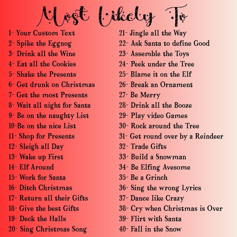 May include: A red gradient background featuring the black text Most Likely To followed by a numbered list of forty Christmas-themed phrases ranging from Your Custom Text to Fall in the Snow, presented in a clear, black, decorative serif font.