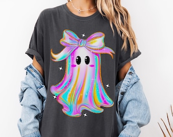 Iriserend spookshirt, Coquette Aesthetic Halloween-T-shirt, leuk girly spookshirt, sprankelend pastel Halloween, Kawaii Ghost-shirt