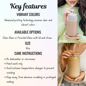 May include: A clear glass or frosted glass tumbler with a lid and straw. The tumbler is 16oz. in size. The image also includes the text "Key features" and "VIBRANT COLORS".