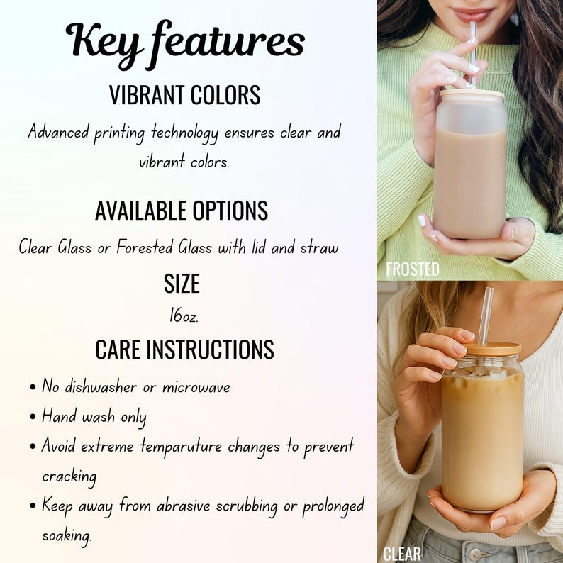 May include: A clear glass or frosted glass tumbler with a lid and straw. The tumbler is 16oz. in size. The image also includes the text "Key features" and "VIBRANT COLORS".