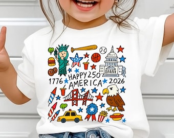 Happy 250 America Kids Shirt, Kids Doodle Patriotic USA Tshirt, 1776-2026 USA 250th Anniversary Tee
