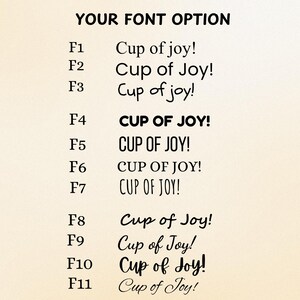 May include: A graphic showcasing eleven font options for the phrase "Cup of Joy!" in various styles. The text is displayed in both uppercase and lowercase, with different font weights and designs. The background is a light beige color.
